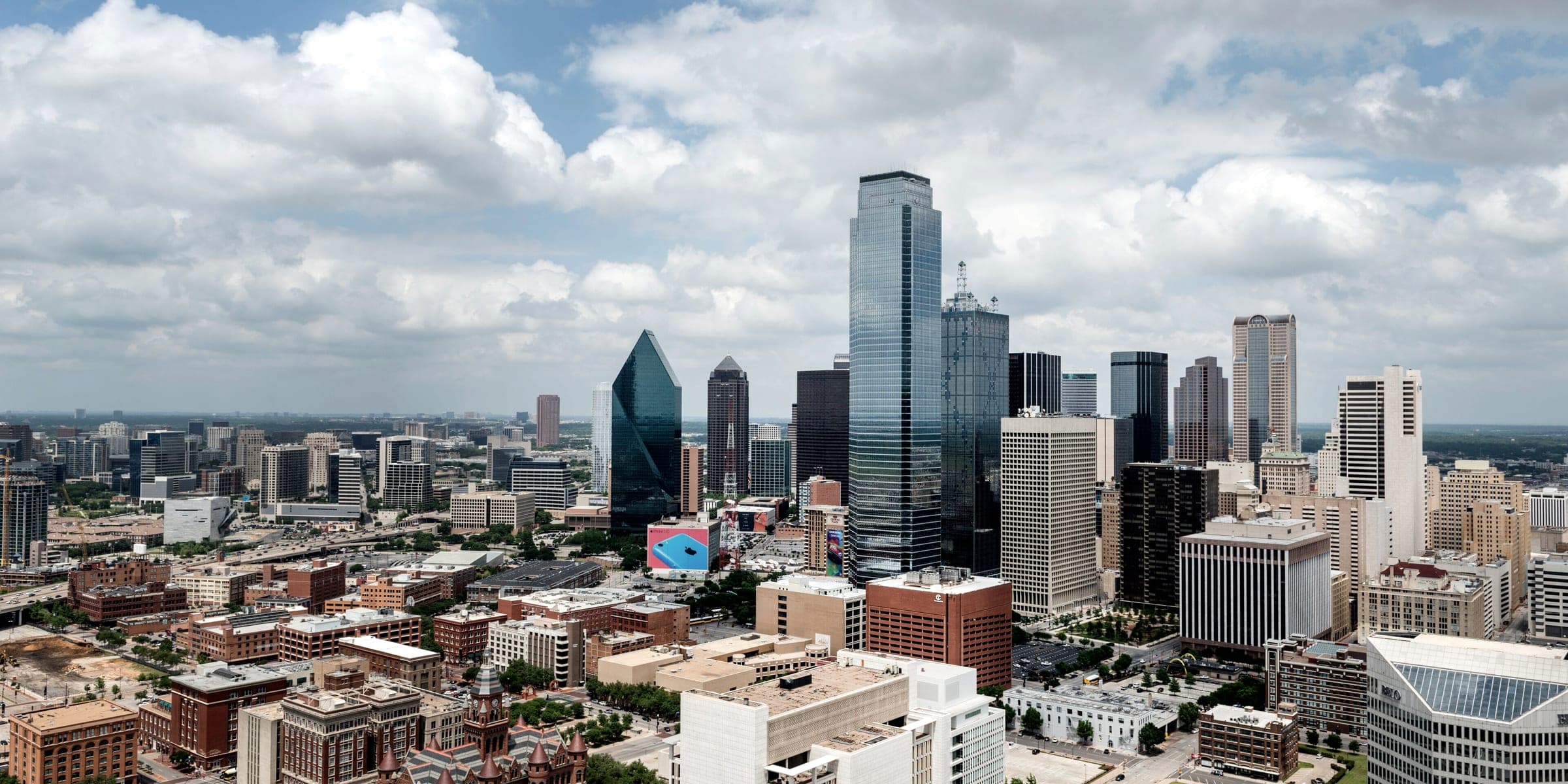 The downtown Dallas skyline, seen from Reunion Tower, in Dallas, Texas.